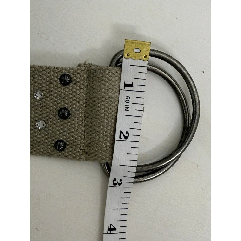 Boho Cotton Canvas Studded Belt Beige Rhinestone Silver Buckle Festival Belt
